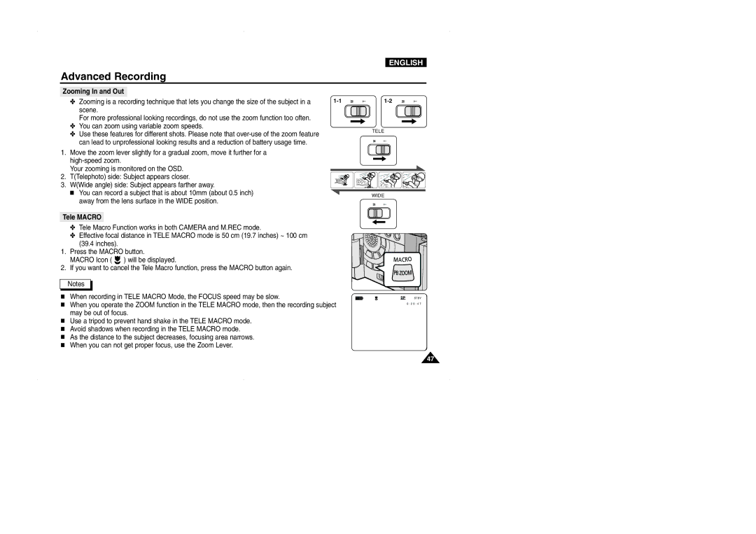 Samsung D325(i), VP-D323(i), D327(i) manual Zooming In and Out, Scene, Tele Macro 