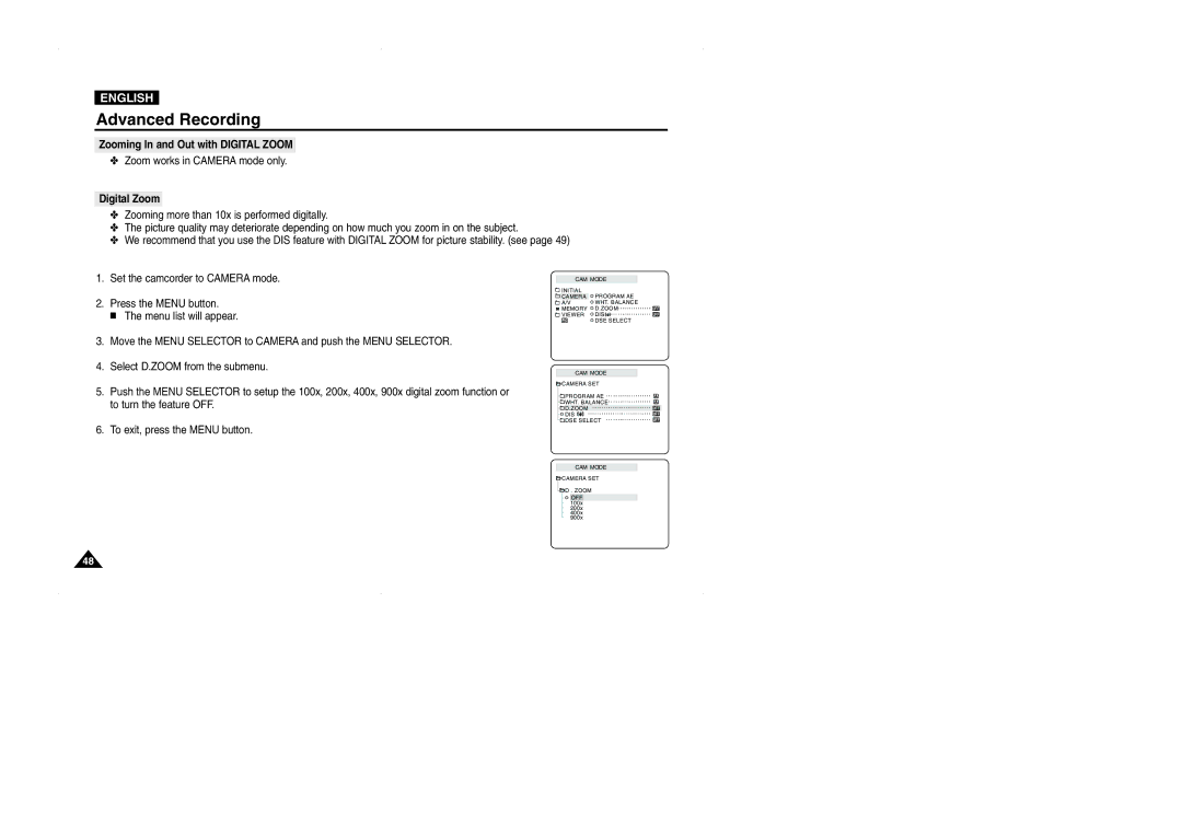 Samsung VP-D323(i), D327(i), D325(i) manual Zooming In and Out with Digital Zoom 