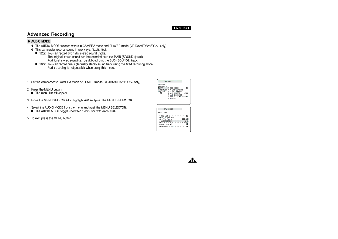 Samsung D325(i), VP-D323(i), D327(i) manual Audio Mode 