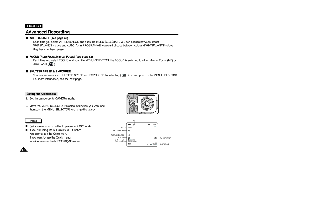 Samsung D327(i) WHT. Balance see, Focus Auto Focus/Manual Focus see, Shutter Speed & Exposure, Setting the Quick menu 