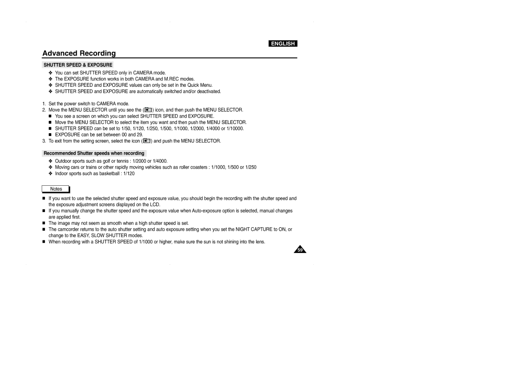 Samsung D325(i), VP-D323(i), D327(i) manual Recommended Shutter speeds when recording 