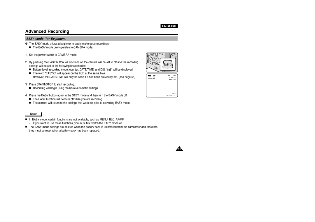 Samsung D327(i), VP-D323(i), D325(i) manual Easy Mode for Beginners 