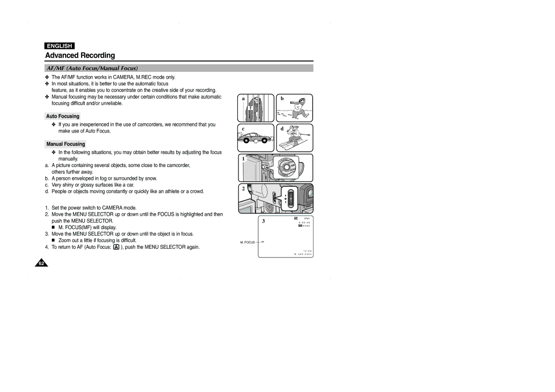 Samsung D325(i), VP-D323(i), D327(i) manual AF/MF Auto Focus/Manual Focus, Auto Focusing, Manual Focusing 