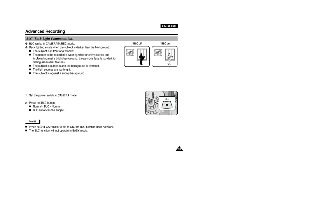 Samsung VP-D323(i), D327(i), D325(i) manual BLC Back Light Compensation, BLC works in CAMERA/M.REC mode 