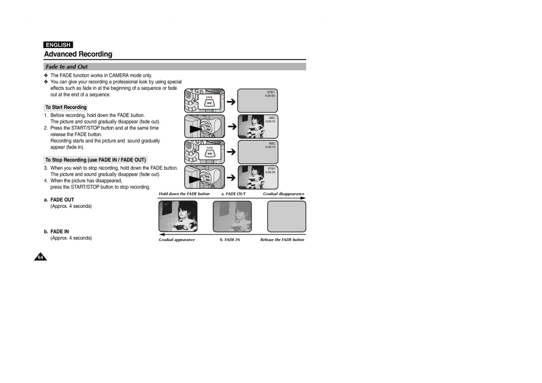 Samsung D327(i), VP-D323(i), D325(i) manual Fade In and Out, To Start Recording, To Stop Recording use Fade in / Fade OUT 