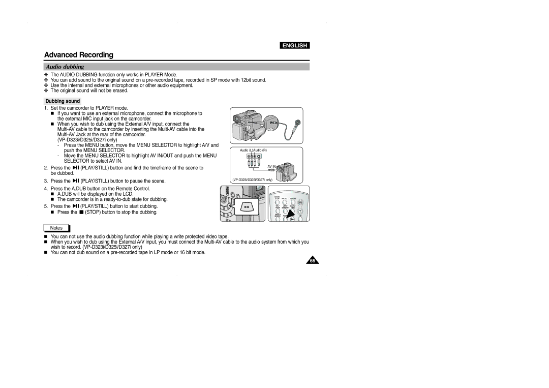 Samsung D325(i), VP-D323(i), D327(i) manual Audio dubbing, Dubbing sound 