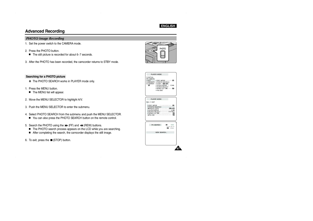 Samsung D327(i), VP-D323(i), D325(i) manual Photo Image Recording, Searching for a Photo picture 