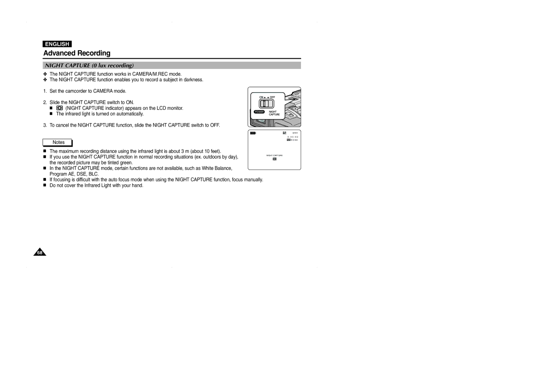 Samsung D325(i), VP-D323(i), D327(i) manual Night Capture 0 lux recording 