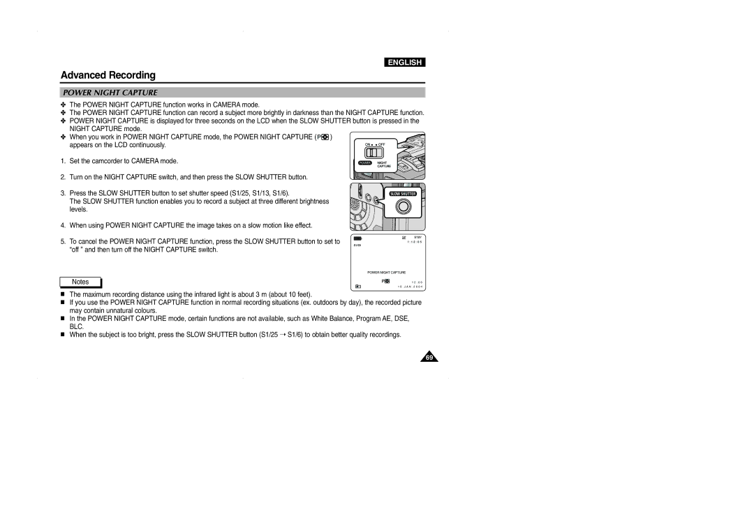 Samsung VP-D323(i), D327(i), D325(i) manual Power Night Capture 