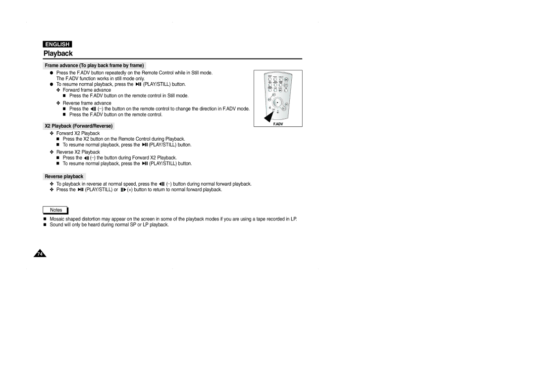 Samsung D325(i), VP-D323(i) manual Frame advance To play back frame by frame, X2 Playback Forward/Reverse, Reverse playback 