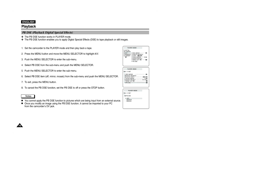 Samsung D327(i), VP-D323(i), D325(i) manual PB DSE Playback Digital Special Effects 