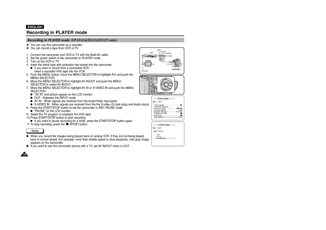 Samsung VP-D323(i), D327(i), D325(i) manual Recording in Player mode VP-D323i/D325i/D327i only 