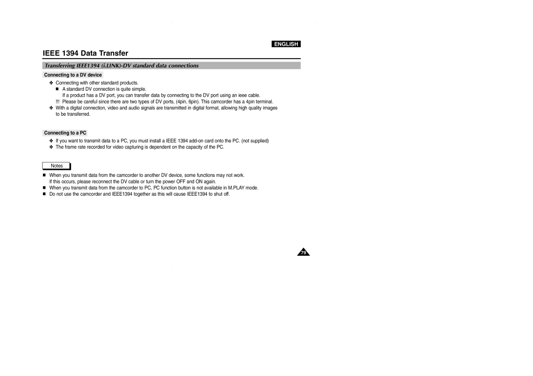 Samsung D327(i) Transferring IEEE1394 i.LINK-DV standard data connections, Connecting to a DV device, Connecting to a PC 