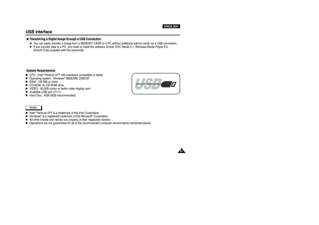 Samsung VP-D323(i), D327(i), D325(i) manual USB interface, Transferring a Digital Image through a USB Connection 