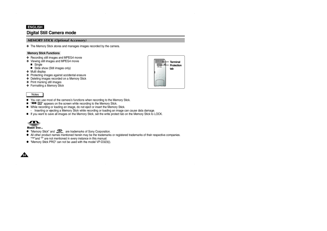 Samsung VP-D323(i), D327(i), D325(i) manual Memory Stick Optional Accessory, Memory Stick Functions 