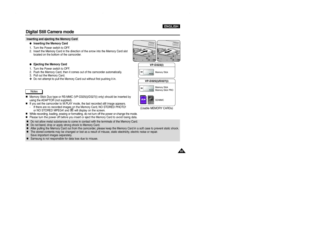 Samsung D327(i), VP-D323(i), D325(i) manual Ejecting the Memory Card, VP-D323i, VP-D325i/D327i 