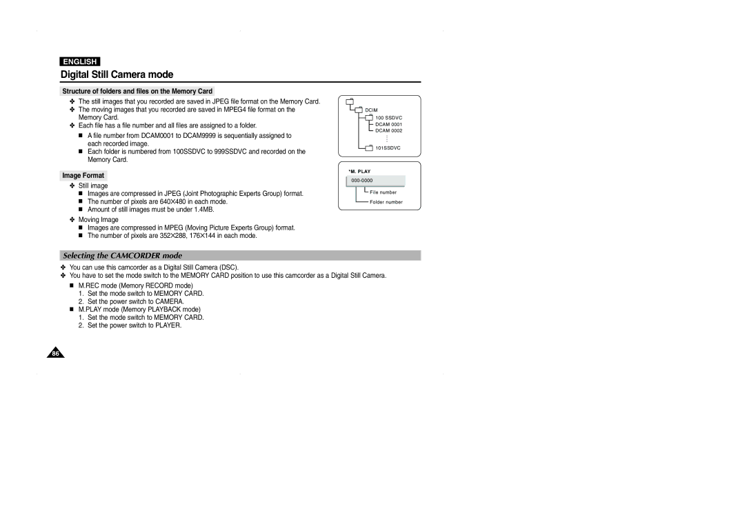 Samsung D325(i), VP-D323(i) Selecting the Camcorder mode, Structure of folders and files on the Memory Card, Image Format 