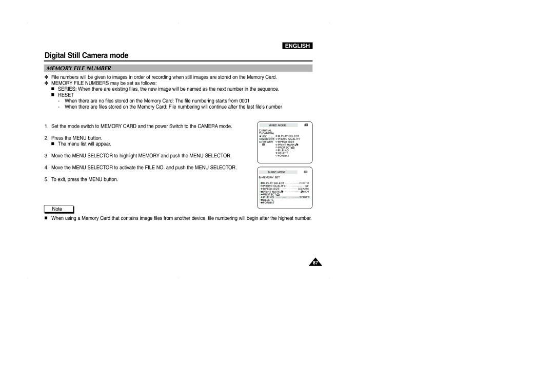 Samsung VP-D323(i), D327(i), D325(i) manual Memory File Number 