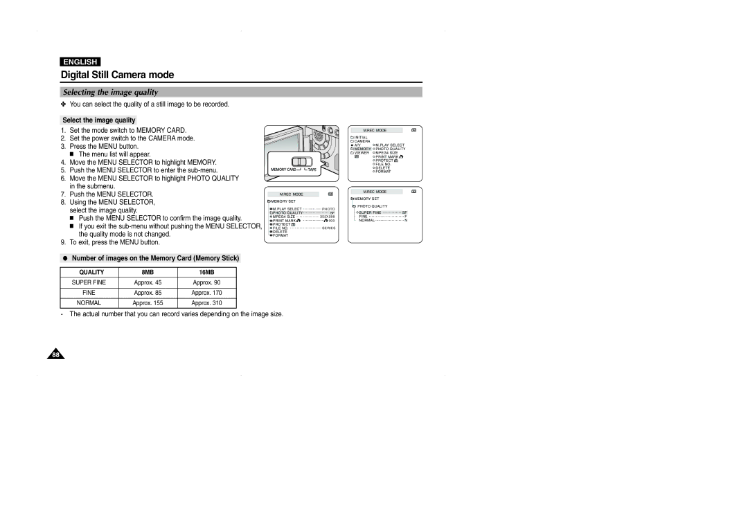 Samsung D327(i) Selecting the image quality, Select the image quality, Number of images on the Memory Card Memory Stick 