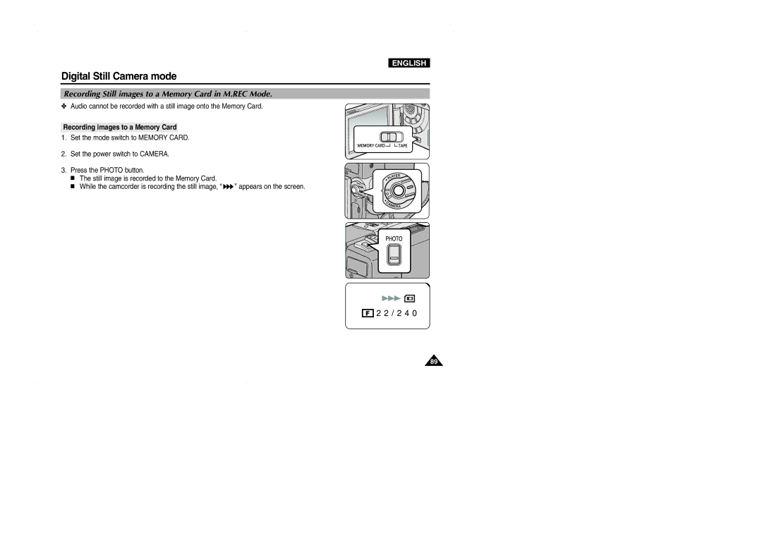 Samsung D325(i), VP-D323(i) manual Recording Still images to a Memory Card in M.REC Mode, Recording images to a Memory Card 