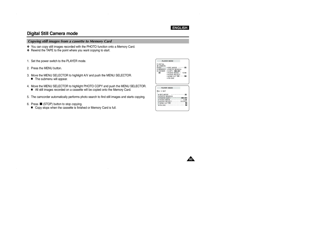 Samsung VP-D323(i), D327(i), D325(i) manual Copying still images from a cassette to Memory Card 