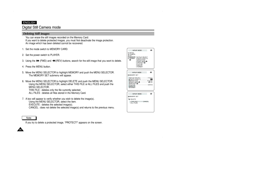 Samsung VP-D323(i), D327(i), D325(i) manual Deleting Still images 