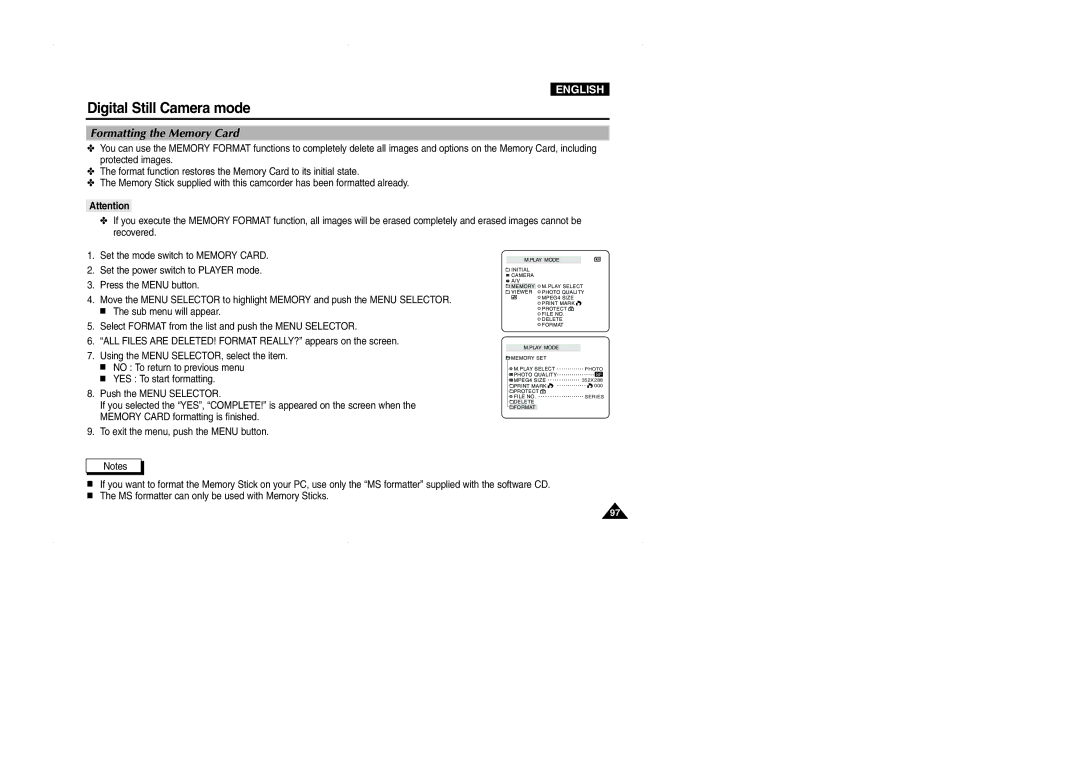 Samsung D327(i), VP-D323(i), D325(i) manual Formatting the Memory Card 