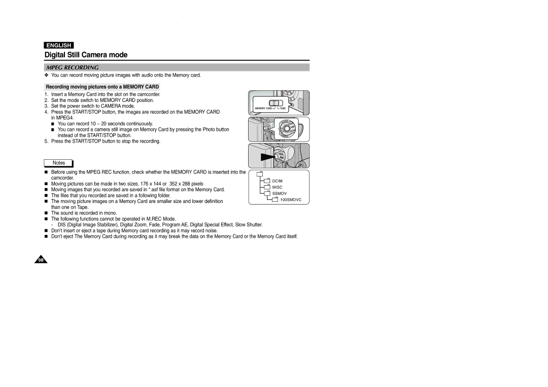 Samsung D325(i), VP-D323(i), D327(i) manual Mpeg Recording, Recording moving pictures onto a Memory Card 