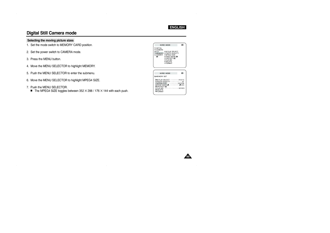 Samsung VP-D323(i), D327(i), D325(i) manual Selecting the moving picture sizes 