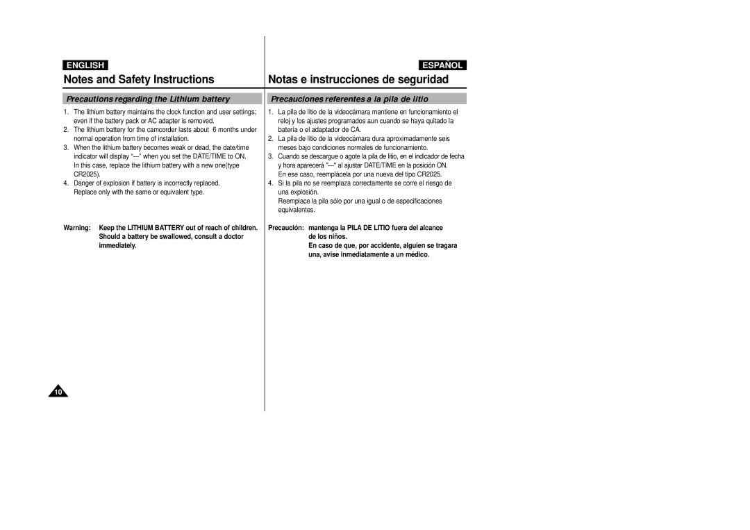 Samsung VP-D33(i), VP-D34(i) manual Precautions regarding the Lithium battery, Precauciones referentes a la pila de litio 