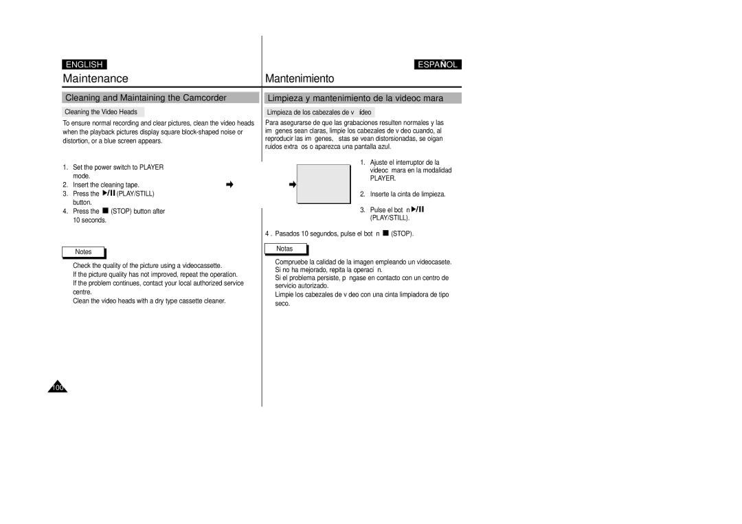 Samsung VP-D33(i), VP-D34(i), VP-D31(i) Cleaning and Maintaining the Camcorder, Limpieza y mantenimiento de la videocámara 