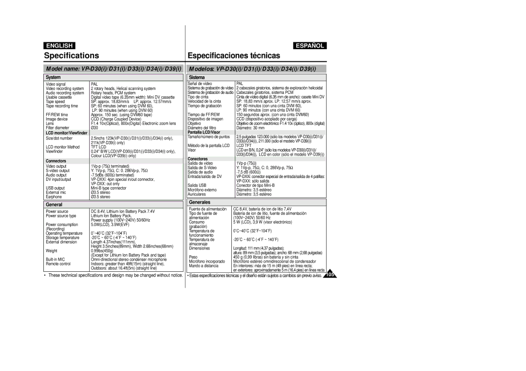 Samsung VP-D33(i), VP-D34(i) Model name VP-D30i/D31i/D33i/D34i/D39i, Modelos VP-D30i/D31i/D33i/D34i/D39i, System, Sistema 