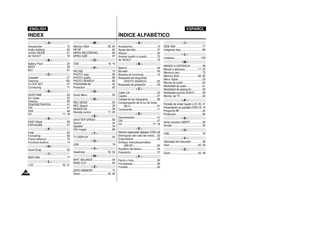 Samsung VP-D34(i), VP-D33(i), VP-D31(i), VP-D39(i), VP-D30(i) manual Index Índice Alfabé Tico 