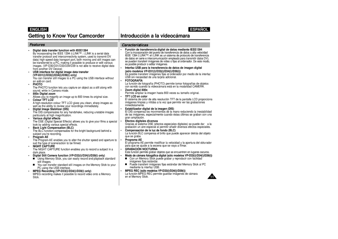 Samsung VP-D34(i), VP-D33(i), VP-D31(i), VP-D39(i), VP-D30(i) manual Getting to Know Your Camcorder, Features, Características 