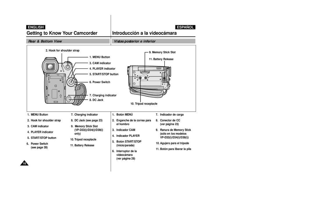 Samsung VP-D34(i), VP-D33(i), VP-D31(i), VP-D39(i) Rear & Bottom View Vistas posterior e inferior, Hook for shoulder strap 