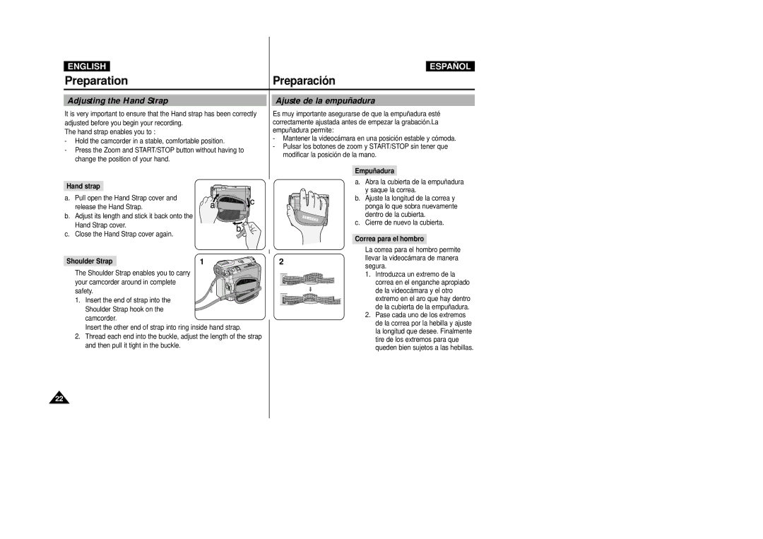 Samsung VP-D31(i), VP-D33(i), VP-D34(i), VP-D39(i), VP-D30(i) manual Adjusting the Hand Strap, Ajuste de la empuñadura 