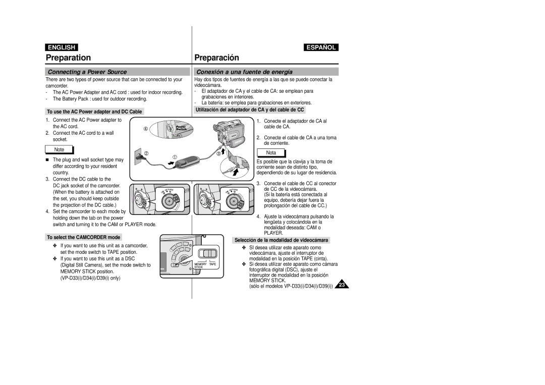 Samsung VP-D39(i) Connecting a Power Source, Conexión a una fuente de energía, To use the AC Power adapter and DC Cable 