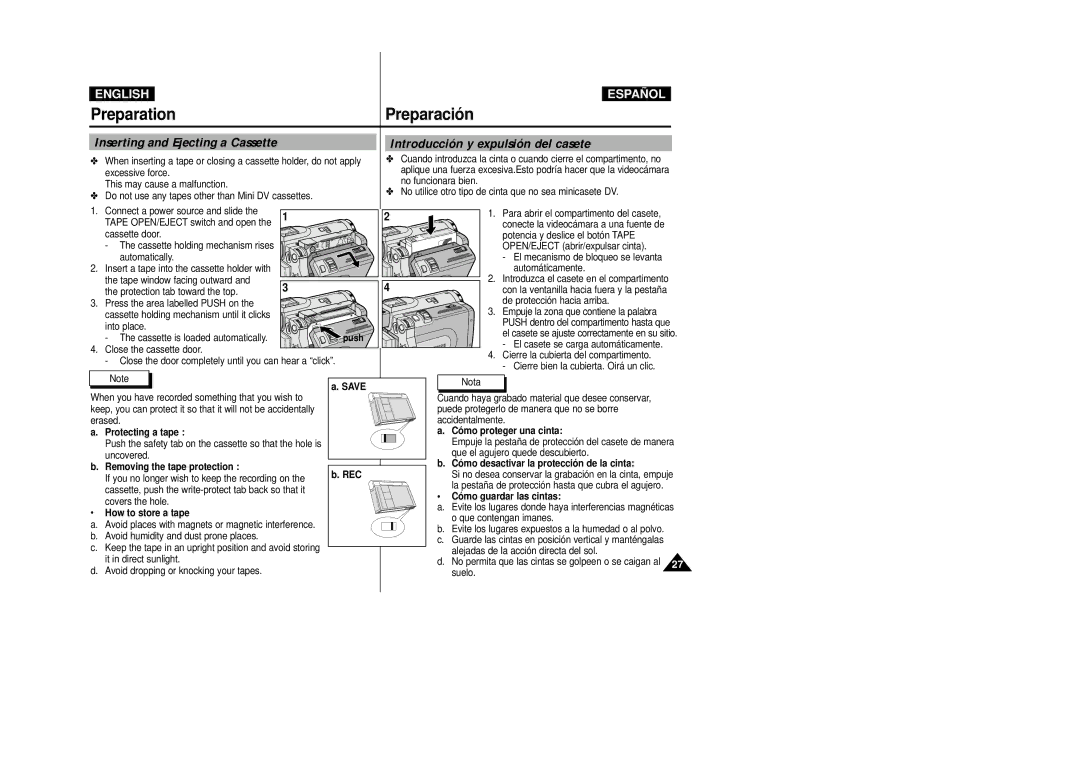 Samsung VP-D31(i), VP-D33(i), VP-D34(i), VP-D39(i) Inserting and Ejecting a Cassette, Introducción y expulsión del casete 