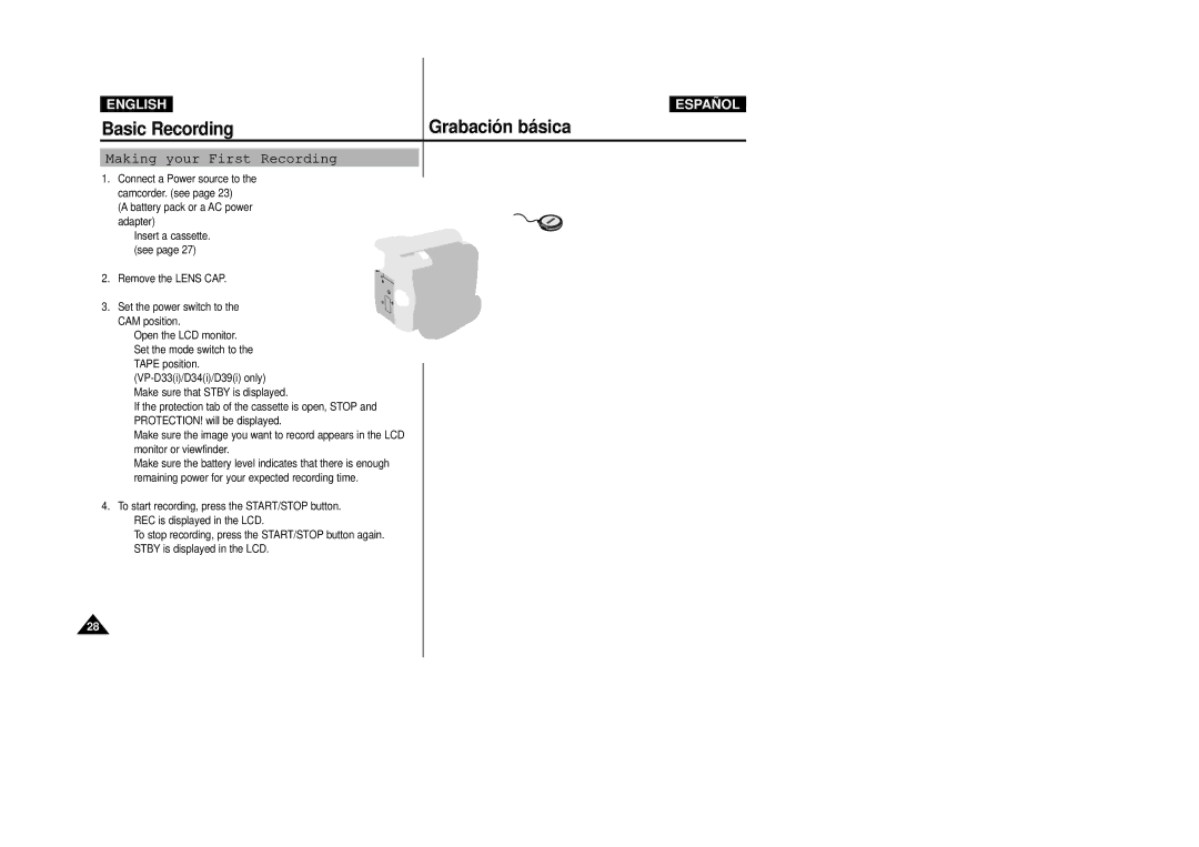 Samsung VP-D39(i), VP-D33(i), VP-D34(i) Making your First Recording Primera grabación, Ajuste el interruptor de, Start/Stop 