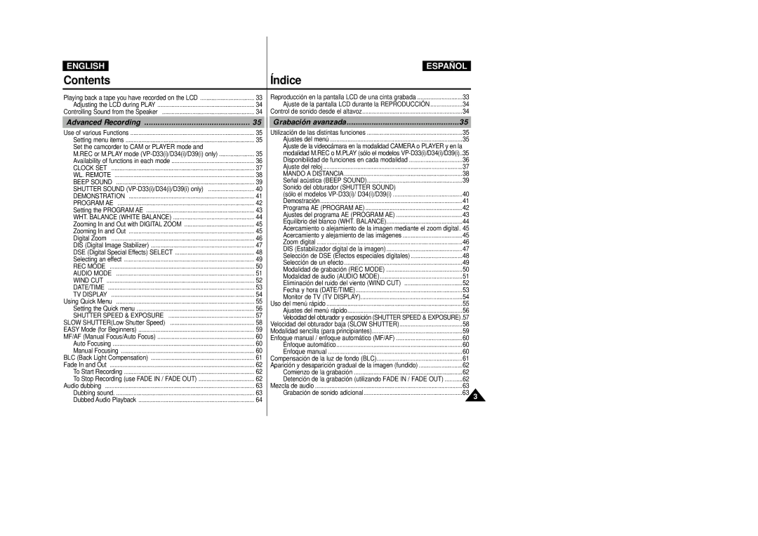 Samsung VP-D39(i), VP-D33(i), VP-D34(i), VP-D31(i), VP-D30(i) manual Advanced Recording, Grabación avanzada 