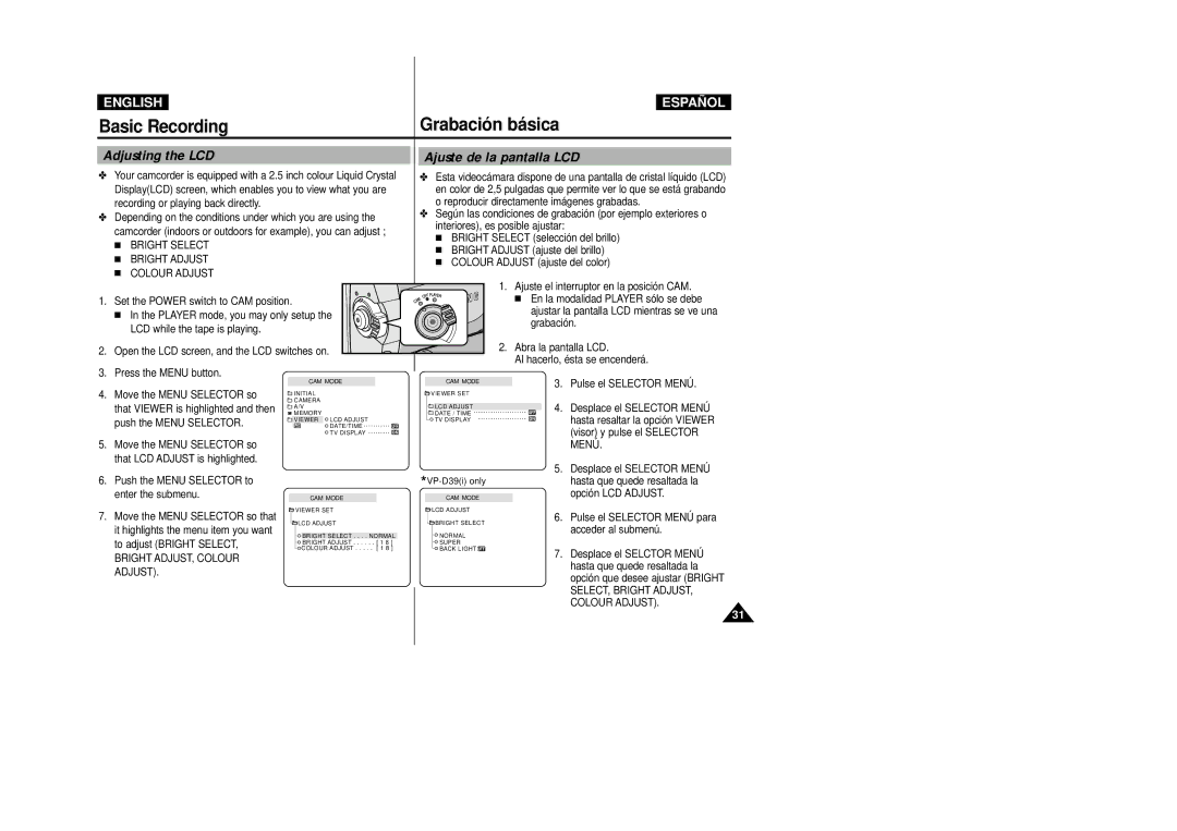 Samsung VP-D34(i), VP-D33(i) manual Adjusting the LCD, Ajuste de la pantalla LCD, Bright Select Bright Adjust Colour Adjust 