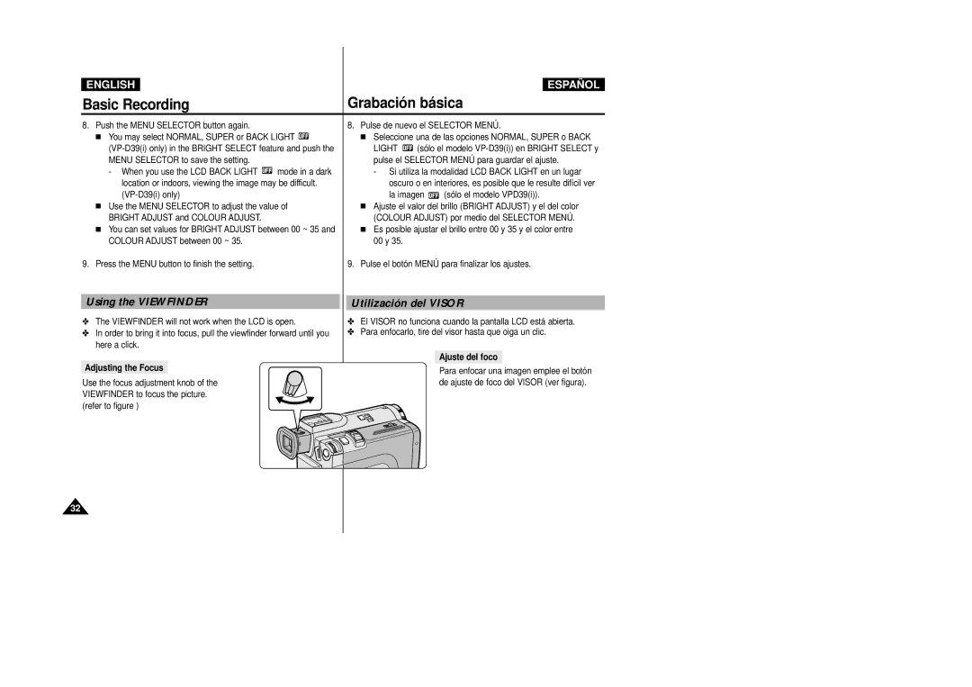 Samsung VP-D31(i) manual Using the Viewfinder, Utilización del Visor, La imagen sólo el modelo VPD39i, Adjusting the Focus 