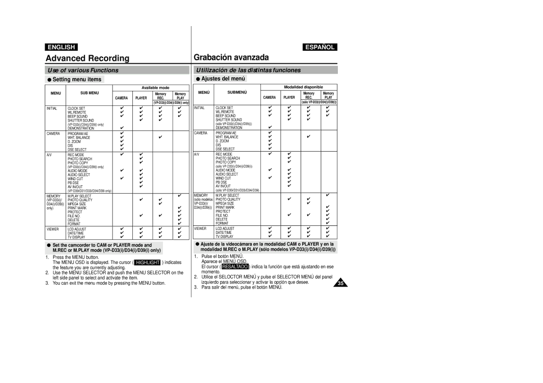 Samsung VP-D33(i), VP-D34(i), VP-D31(i), VP-D39(i) manual Use of various Functions, Utilización de las distintas funciones 