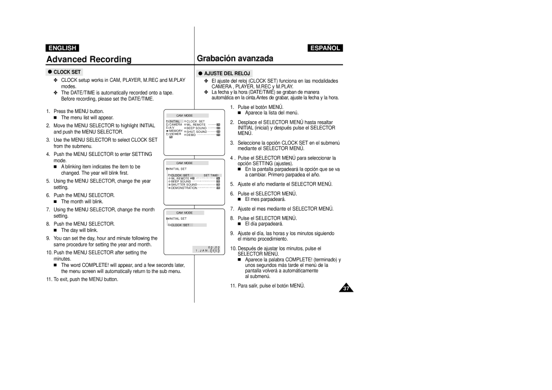 Samsung VP-D31(i), VP-D33(i), VP-D34(i), VP-D39(i), VP-D30(i) manual Clock SET Ajuste DEL Reloj, Selector Menú 