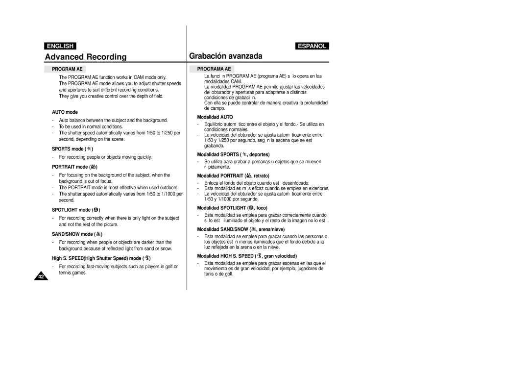 Samsung VP-D31(i), VP-D33(i), VP-D34(i), VP-D39(i), VP-D30(i) manual Program AE, Programa AE 