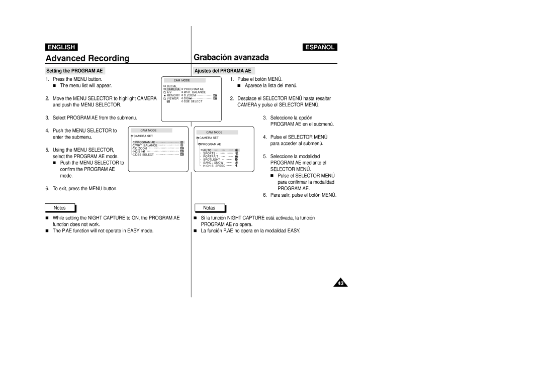 Samsung VP-D39(i), VP-D33(i), VP-D34(i), VP-D31(i), VP-D30(i) manual Grabación avanzada, Program AE 