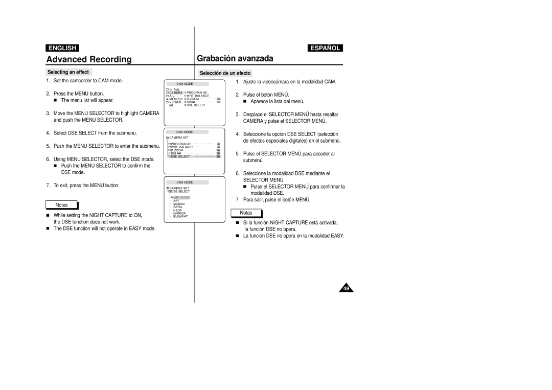 Samsung VP-D30(i), VP-D33(i) manual Selecting an effect Selección de un efecto, Select DSE Select from the submenu, DSE mode 