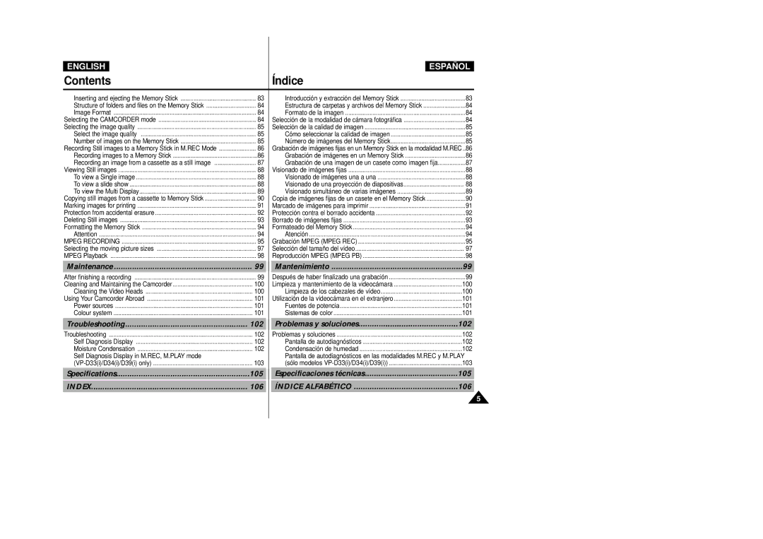 Samsung VP-D33(i) Maintenance, Troubleshooting 102, Specifications, 106, Mantenimiento, Problemas y soluciones 102, 105 