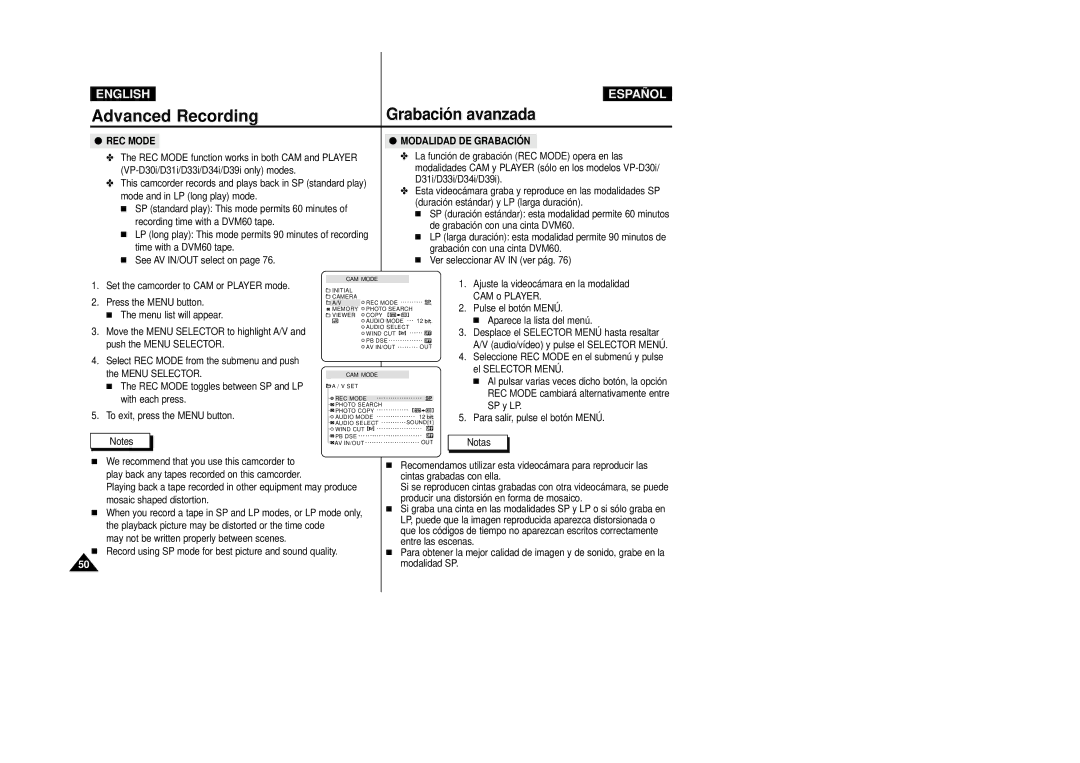 Samsung VP-D33(i), VP-D34(i), VP-D31(i), VP-D39(i), VP-D30(i) manual REC Mode, Modalidad DE Grabación 