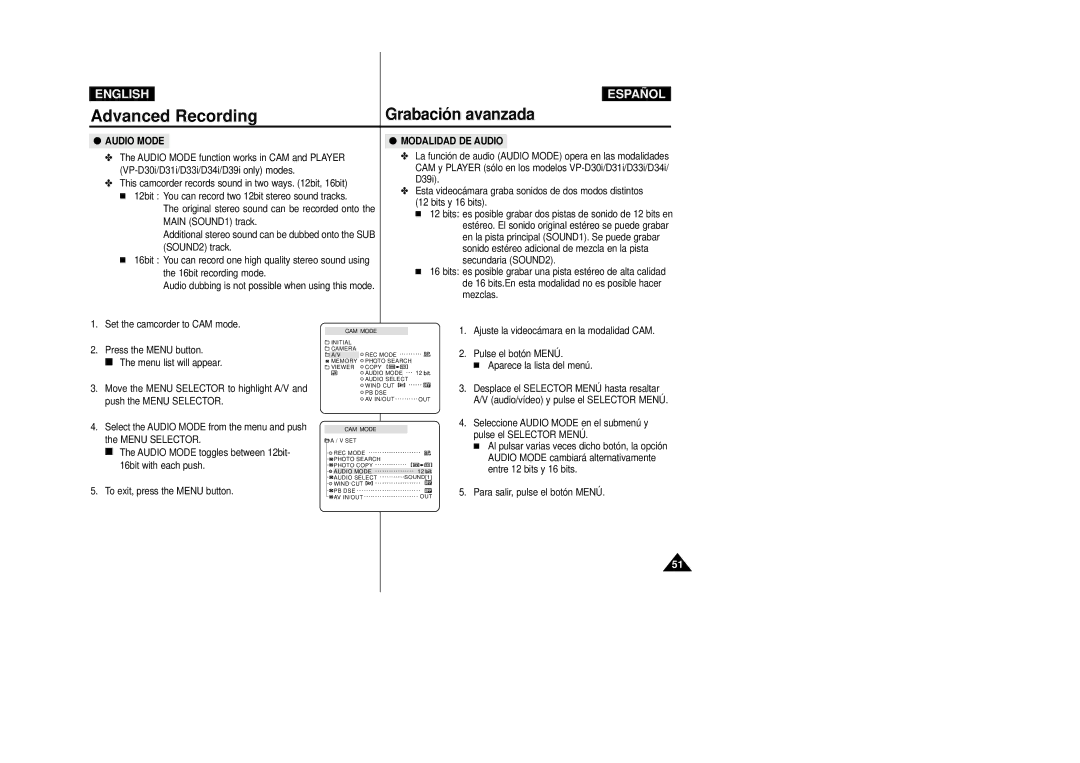 Samsung VP-D34(i), VP-D33(i), VP-D31(i), VP-D39(i), VP-D30(i) manual Audio Mode, Modalidad DE Audio 